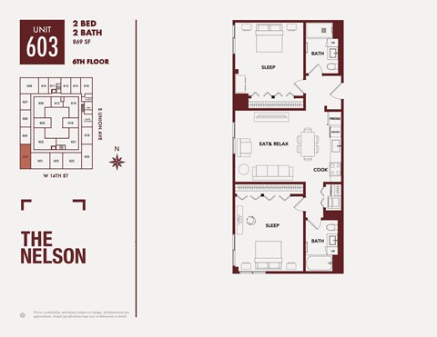 A floor plan for apartment 603 at The Nelson shows a 2 bedroom, 2 bathroom layout on the 6th floor.